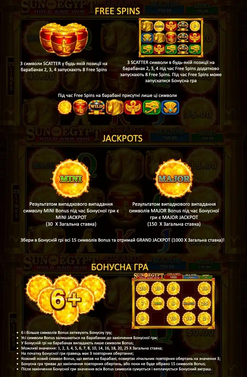 спецільані символи та функції Sun of Egypt